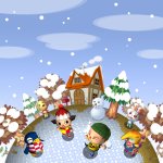 A winter scene with a house, snowman and 5 Animal Crossing characters