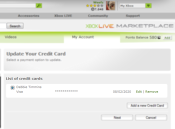 Xbox Remove Credit Card Details Screen