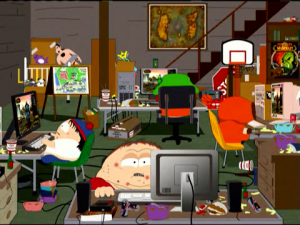 Screenshot of fat spotty South Park kids in their basement playing World of Warcraft