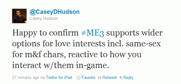 Twitter Screenshot: "Happy to confirm #ME3 supports wider options for love interests incl. same-sex for m&f chars, reactive to how you interact w/them in-game."
