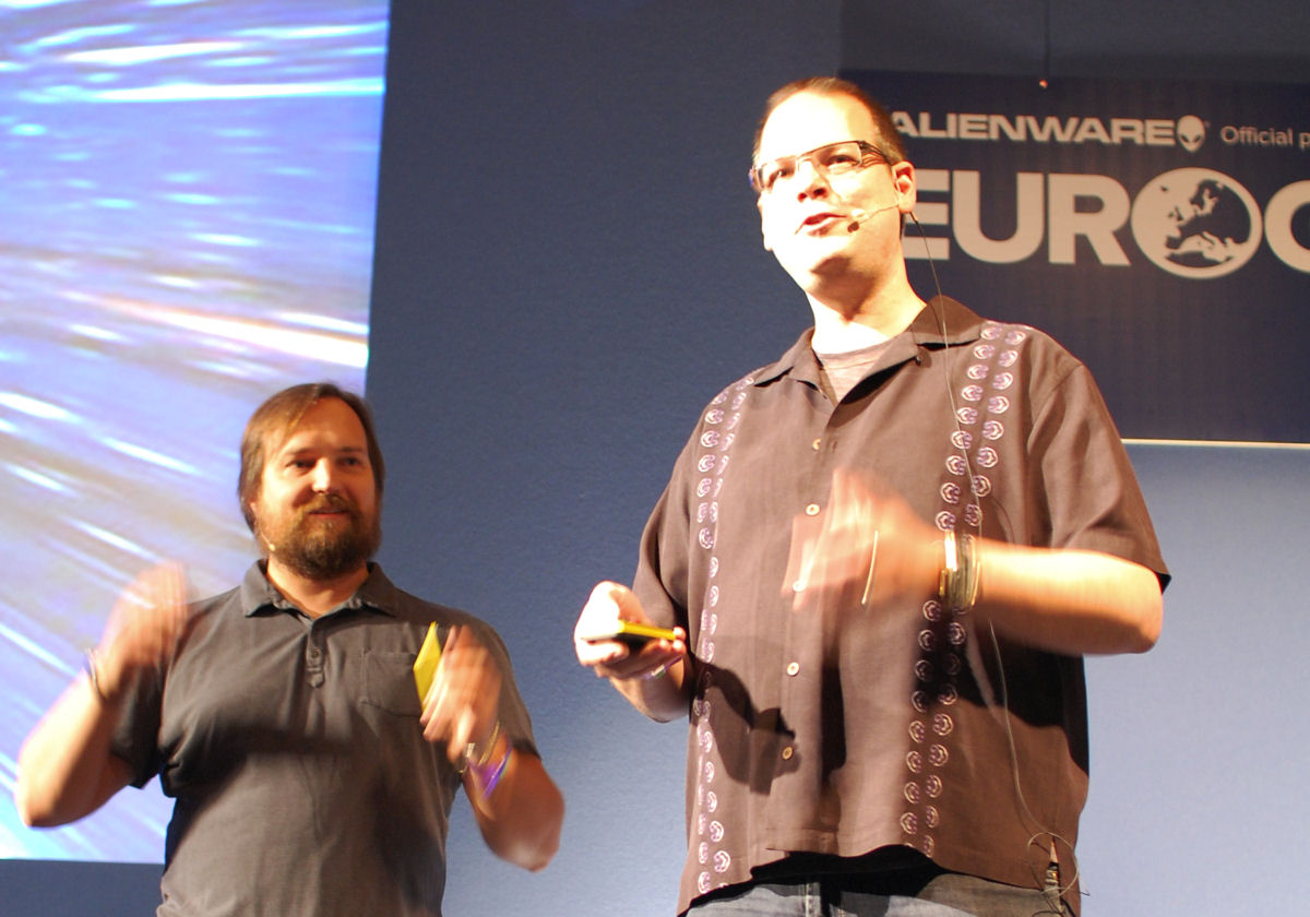 Dr. Greg Zeschuk (left) and Dr Ray Muzyka onstage at Eurogamer Expo 2011