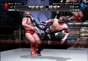 Shawn Michaels dropkicking Ric Flair in the chin