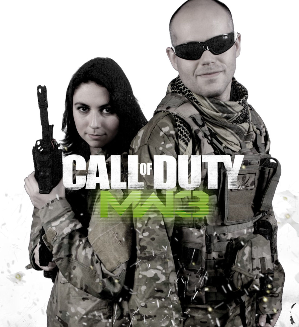 Debbie and Nick in costume for an alternate Call of Duty Modern Warfare 3 box cover