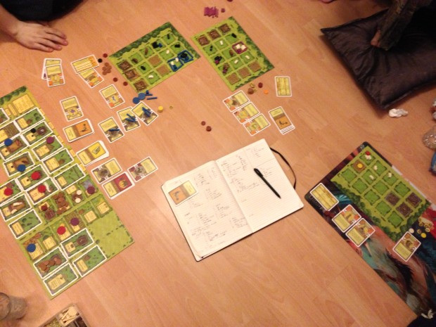For an idea of scale here's the setup at the end of the game for a 3 player game. Featuring a cameo from Josh's foot.