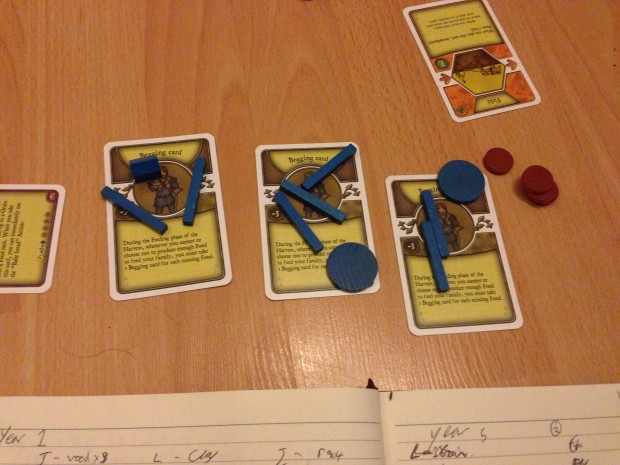 We had to use player pieces to represent the number of begging cards Josh had to claim in the end. They added up quickly.