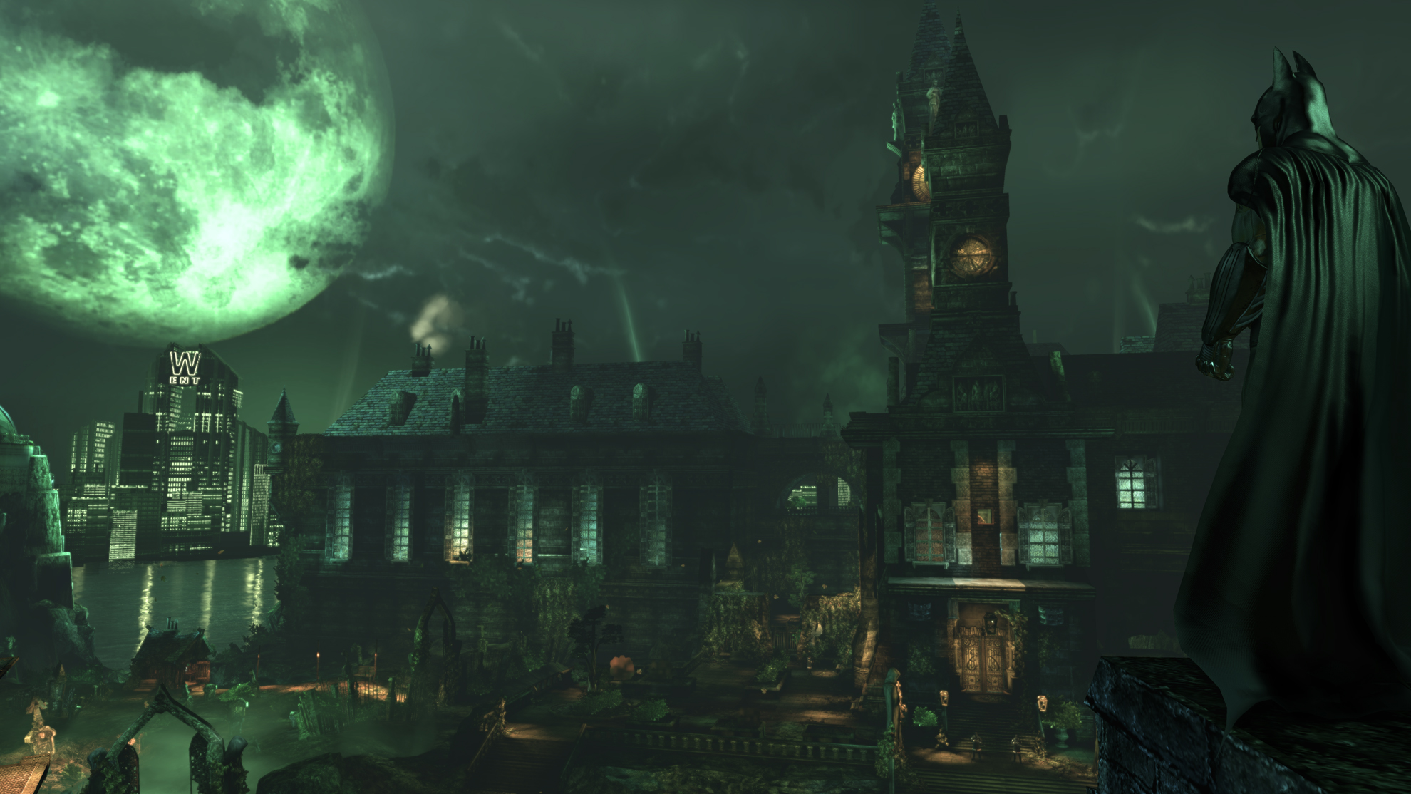 Batman looks across the Arkham Asylum complex